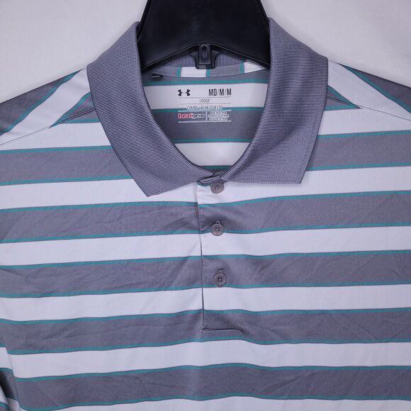 Under Armour Polo Shirt Mens Medium Striped Gray, White HeatGear Performance - Picture 1 of 11